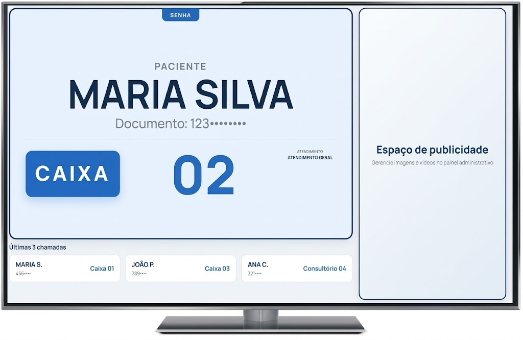 Painel real exibido em uma televisão, mostrando paciente, caixa, atendimento, publicidade e chamadas anteriores.