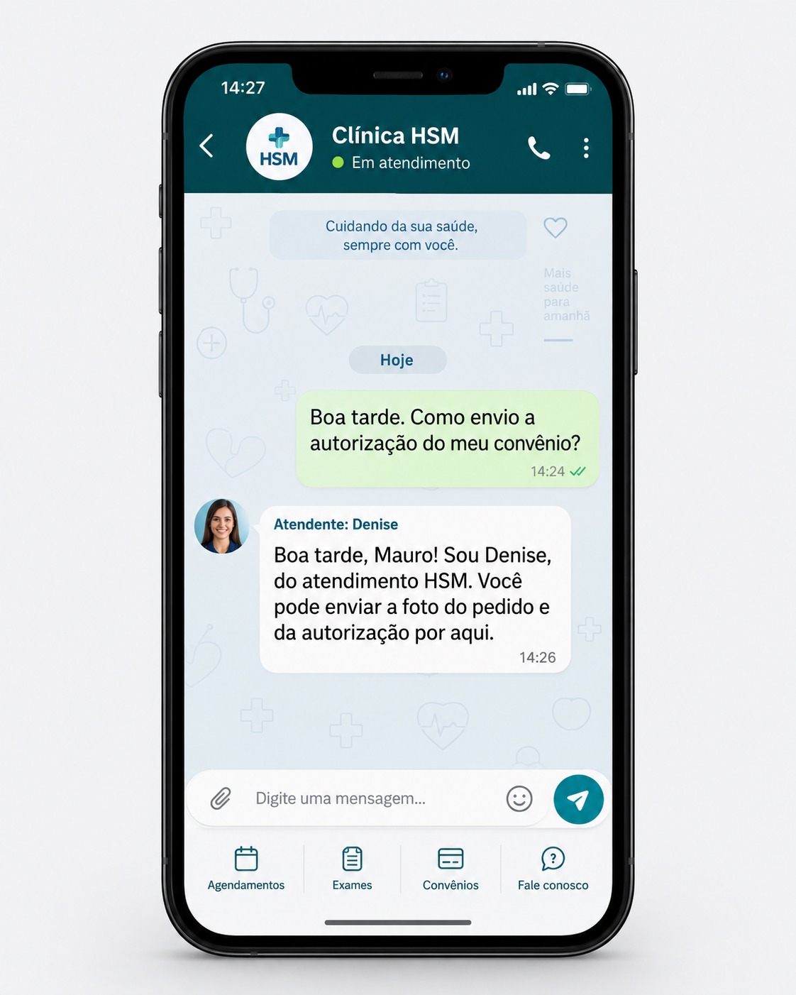 Exemplo fictício no celular: paciente solicita orientação e recebe resposta da atendente Denise.
