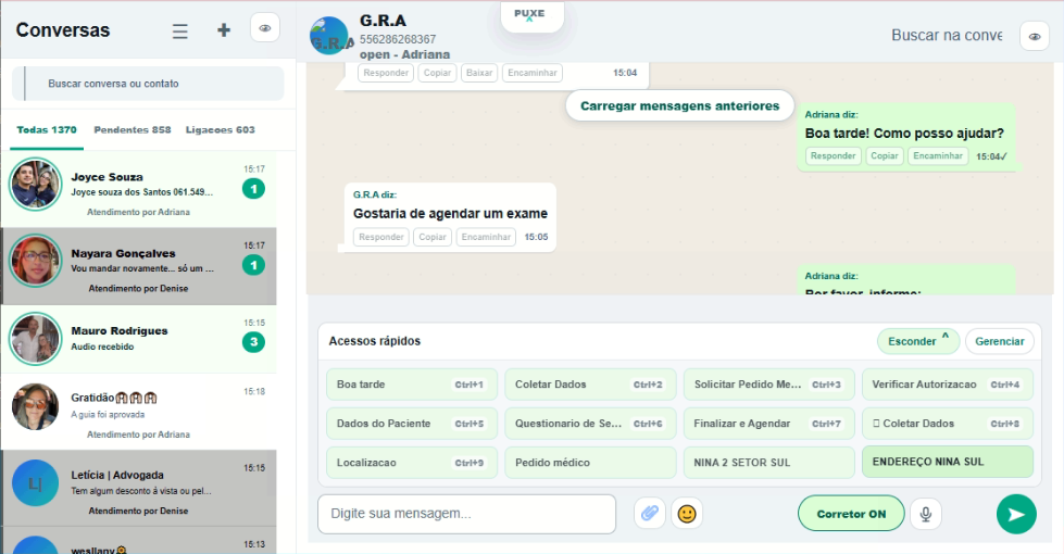 Tela real do sistema WhatsApp CRM mostrando conversas, atalhos e atendimento compartilhado.